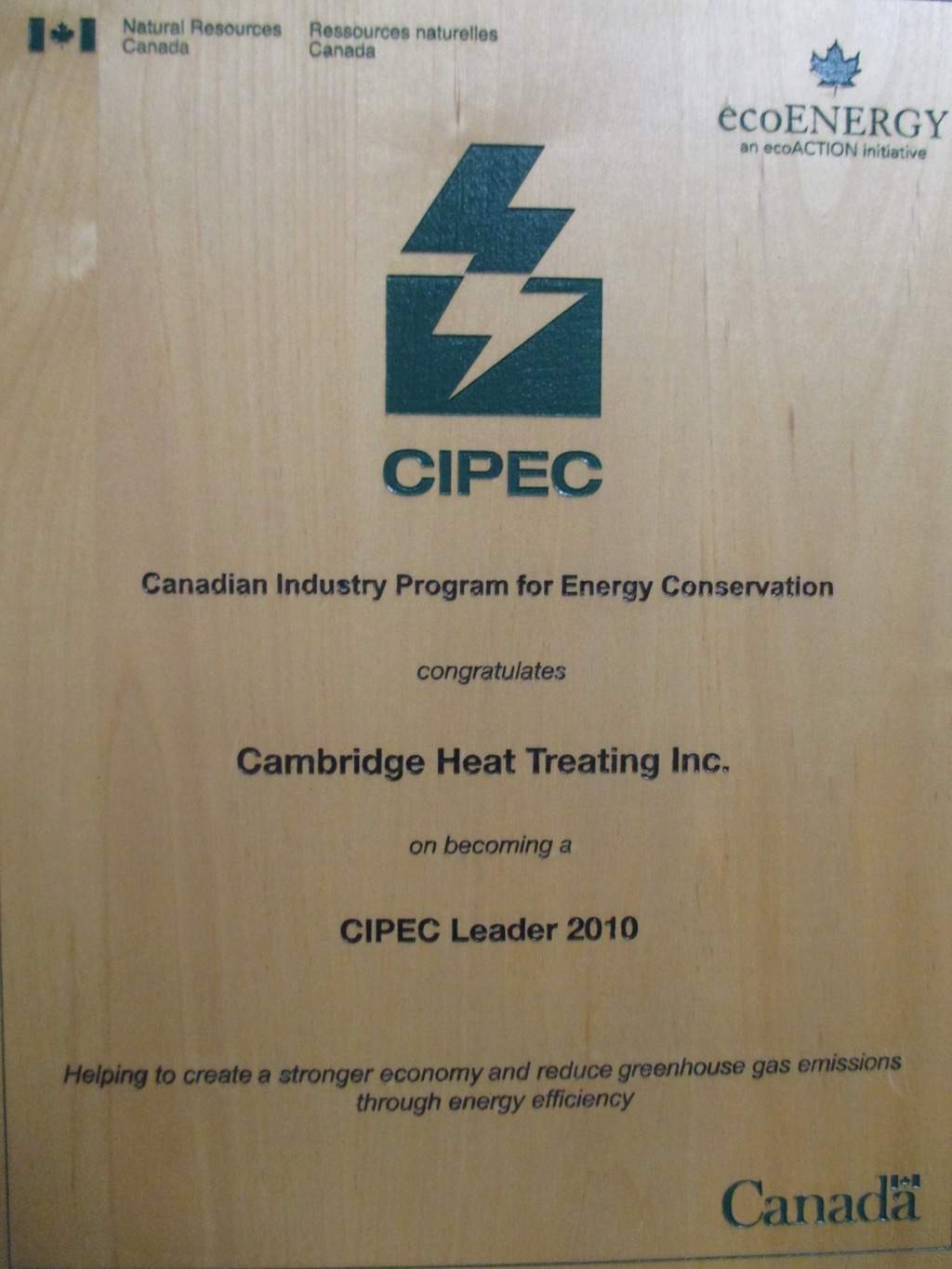 Canadian Industry Program for Energy Conservation Award